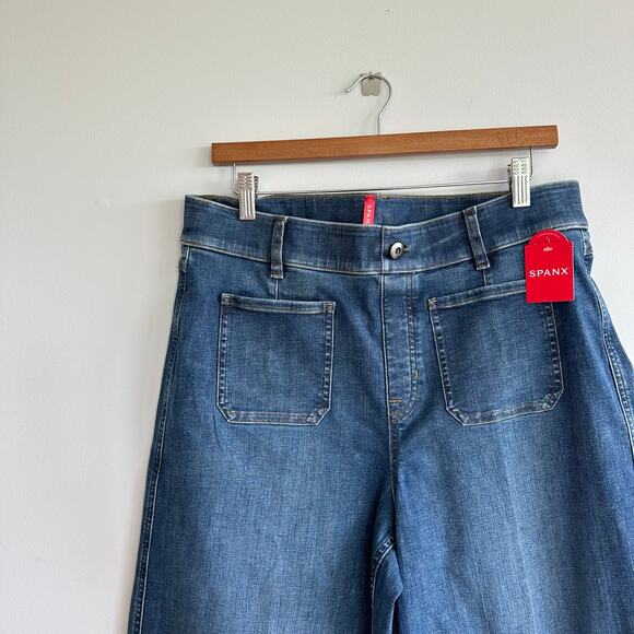 Spanx Denim Patch Pockets High Rise Cropped Wide Leg Jeans Blue XL NWT - Picture 4 of 10